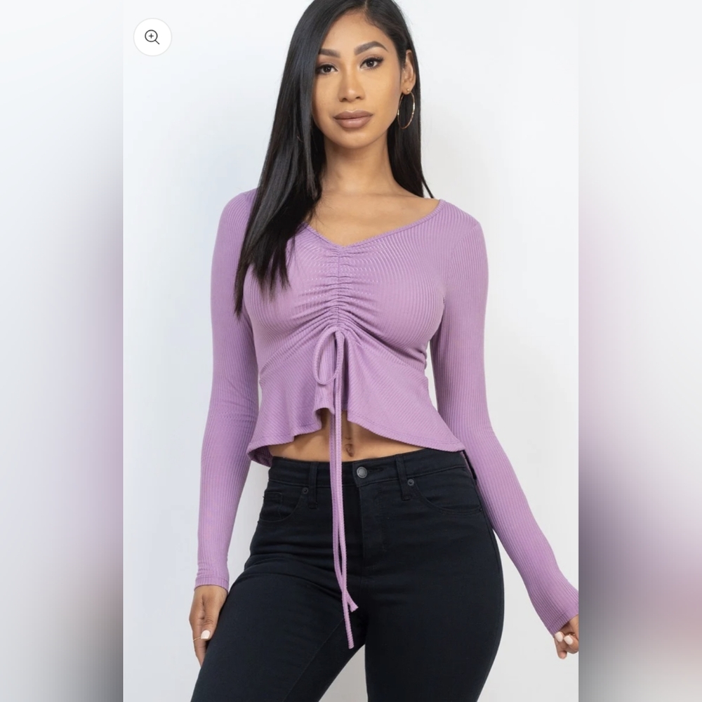 Women's Ribbed Drawstring Peplum Top - Picture 3 of 5